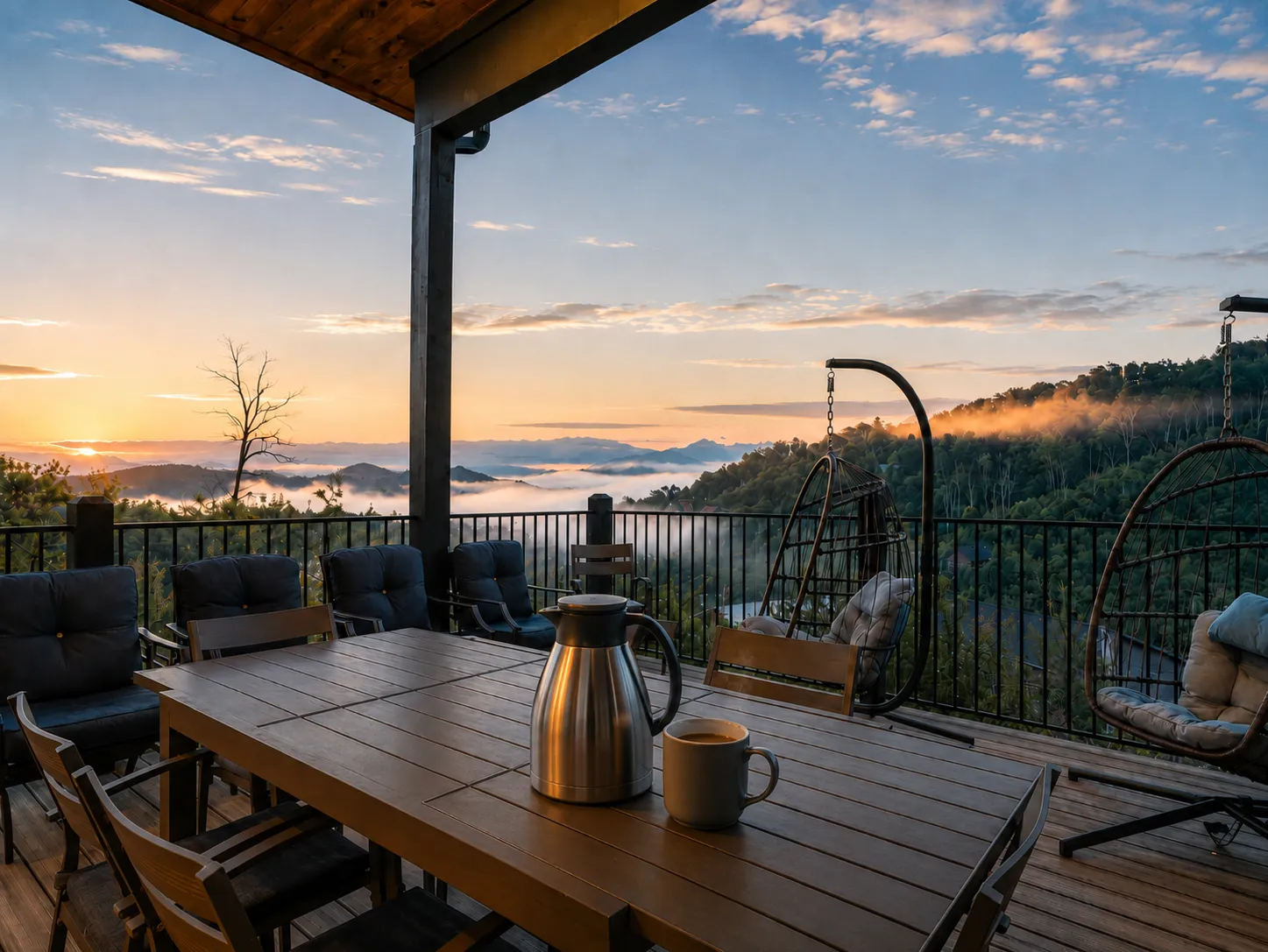 A mug of coffee held toward a misty mountain sunrise